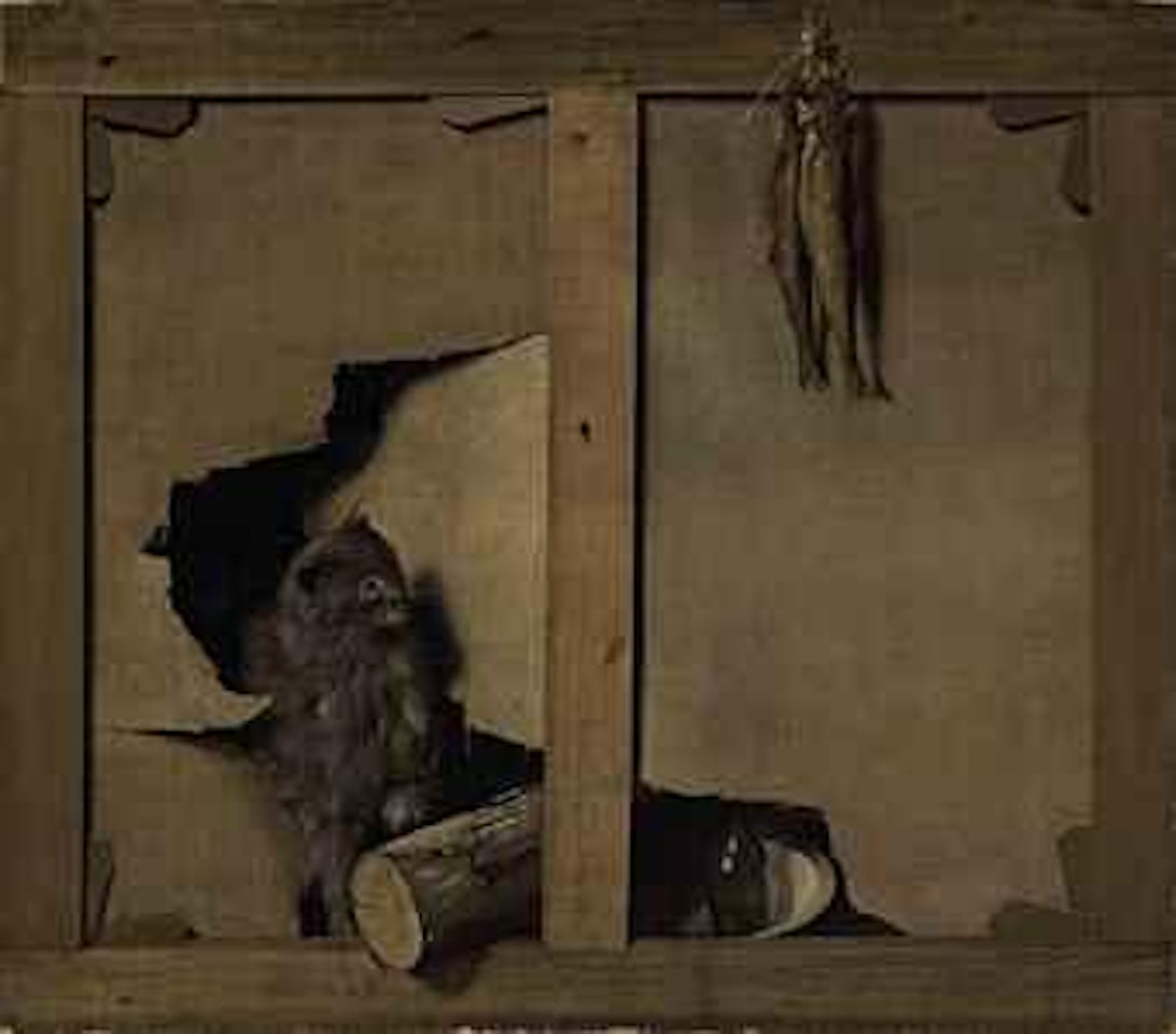 A trompe-l'oeil with a cat and a wooden log through a canvas, fish hanging from the stretcher by Louis-Leopold Boilly