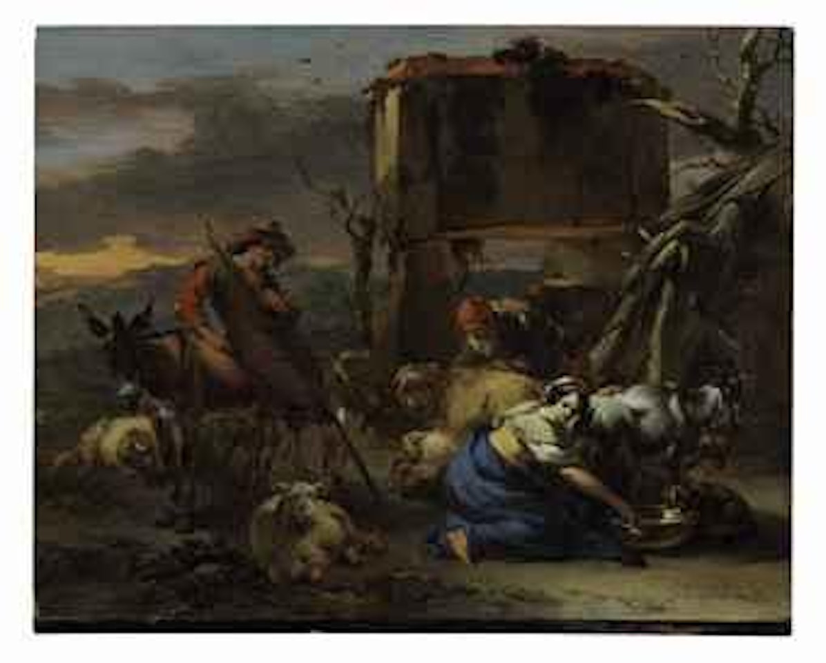 A shepherdess milking a goat, a peasant shearing a sheep, and a young man leaning on a donkey by Nicolaes Pietersz Berchem
