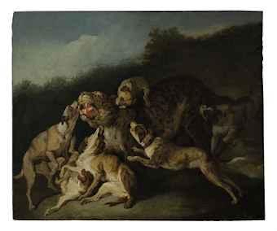 Hunting scene with a leopard and six dogs by Jean-Baptiste Oudry