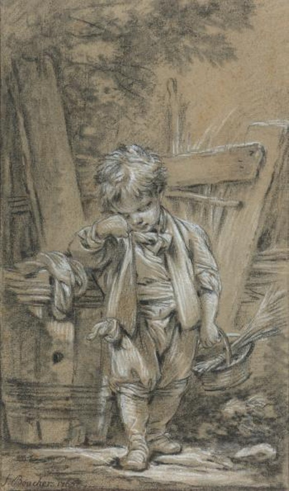 Young Boy Leaning Against a Barrel And Holding a Basket by Francois Boucher