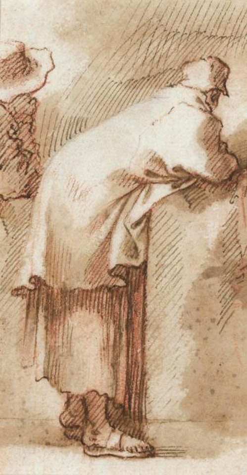 A Standing Figure, Leaning To The Right Against a Block, And Another Figure To The Left Wearing a Large Hat by Salvator Rosa