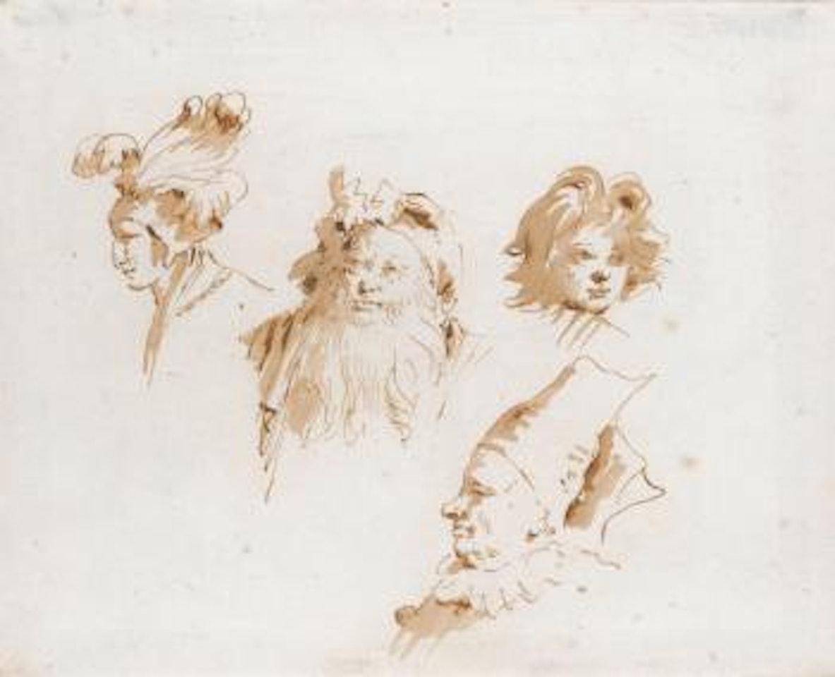 A Sheet Of Four Head Studies: a Man Wearing a Fanciful Plumed Hat, An Oriental, a Young Boy And a Man With a Ruff And Tall Hat by Giovanni Battista Tiepolo