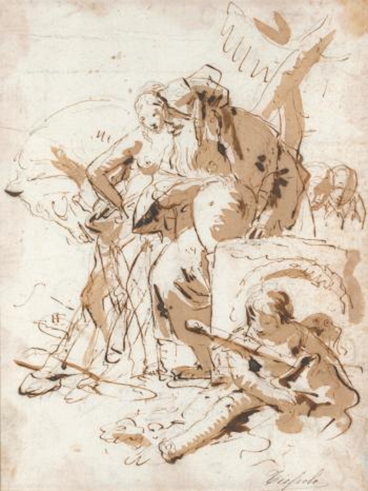 An Oriental Figure Standing By a Young Woman, a Horse Behind, Two Figures To The Right And a Boy With a Owl In The Foreground by Giovanni Battista Tiepolo