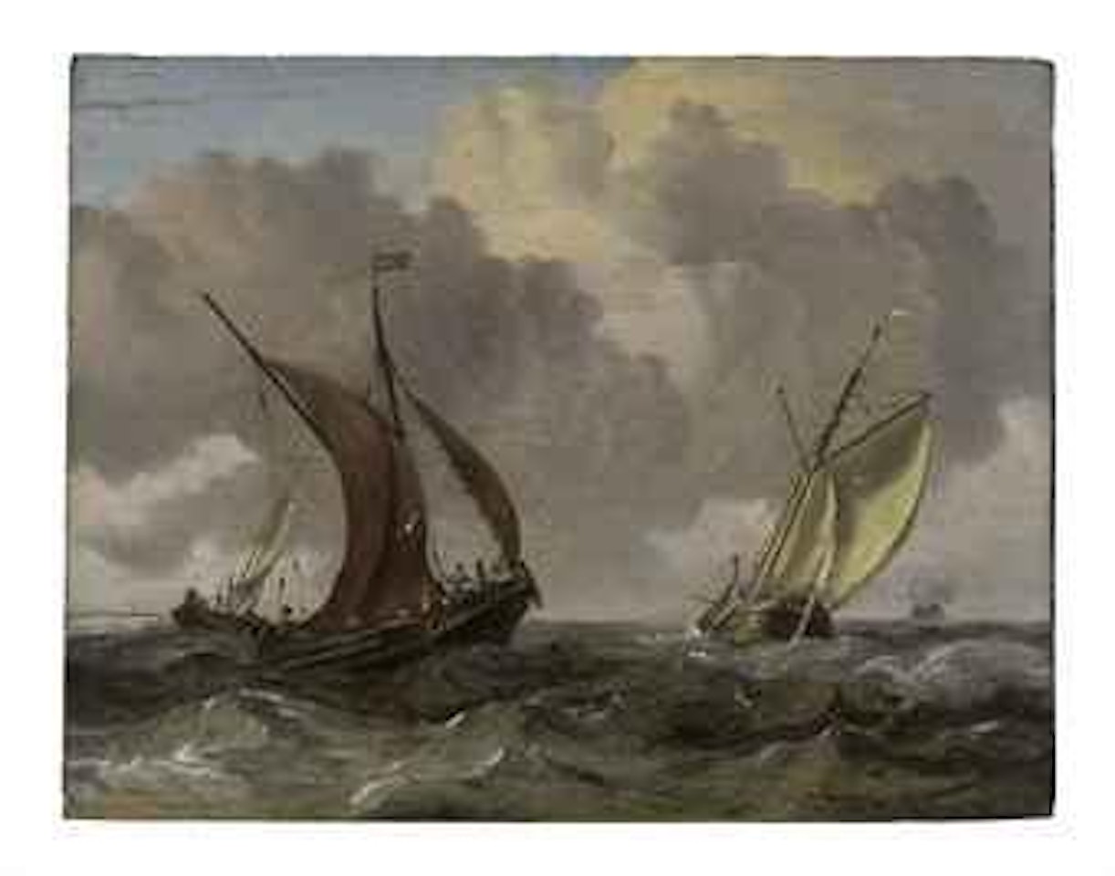 A waterschip, a boeier and a galjoot in a stiff breeze, a cargo ship beyond by Abraham Storck
