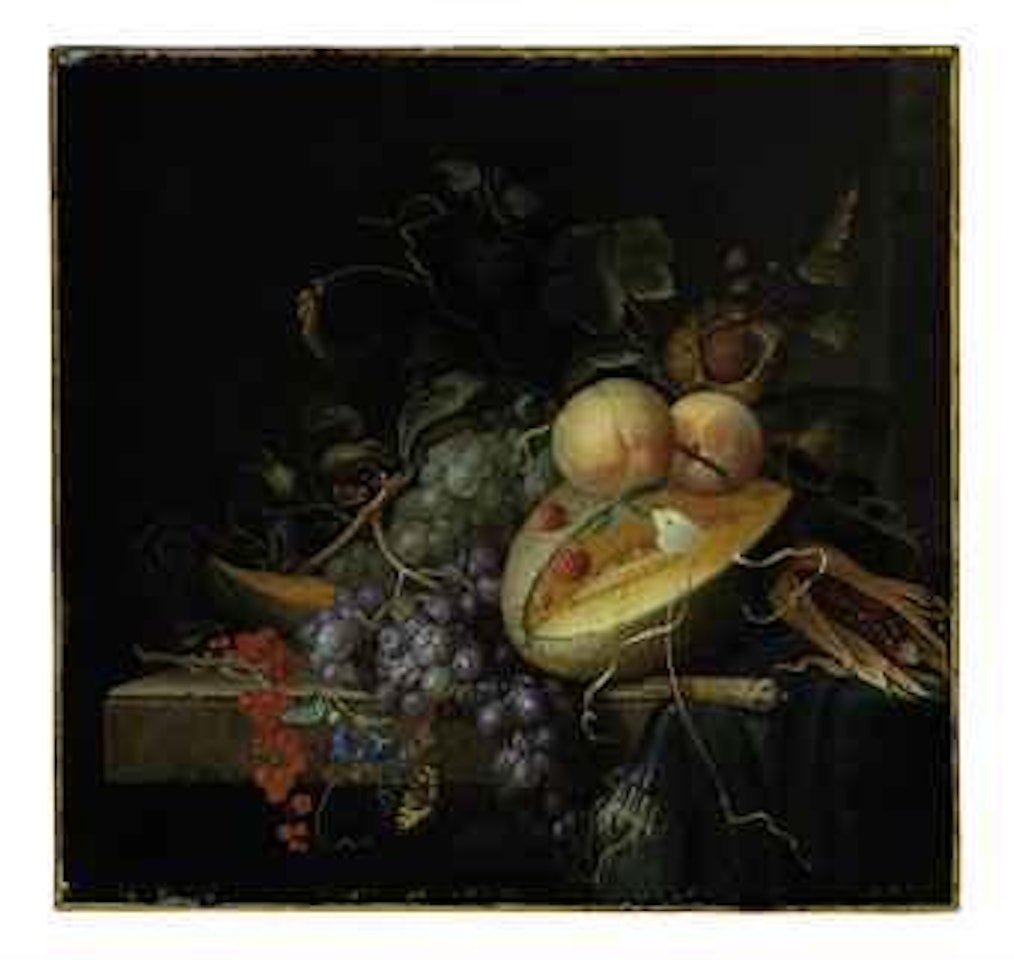 A melon, nuts and corn on a stone ledge with butterflies by Jacob van Walscapelle