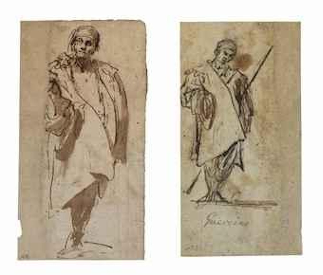 An injured man with a bandaged head and a cane (recto), A beggar holding a cane (verso) by Pier Francesco Mola