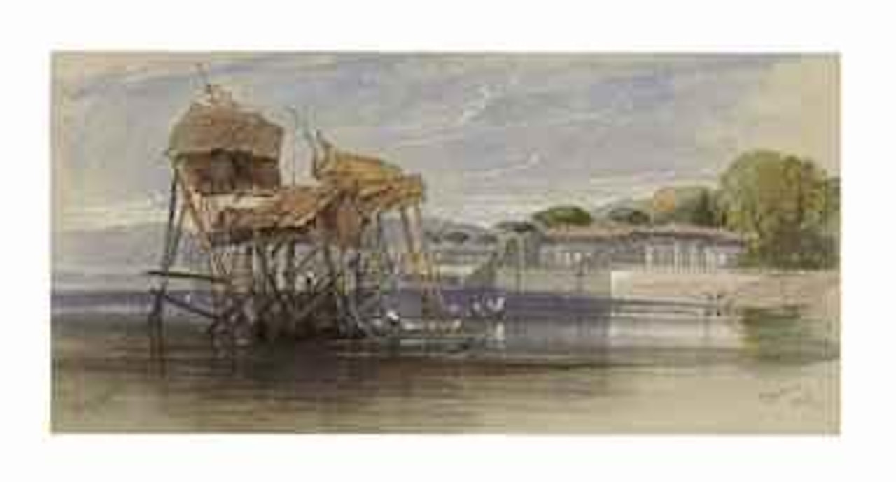 Fishermen's houses on the Bosphorus (recto); A seated figure gazing at a low horizon (verso) by Edward Lear