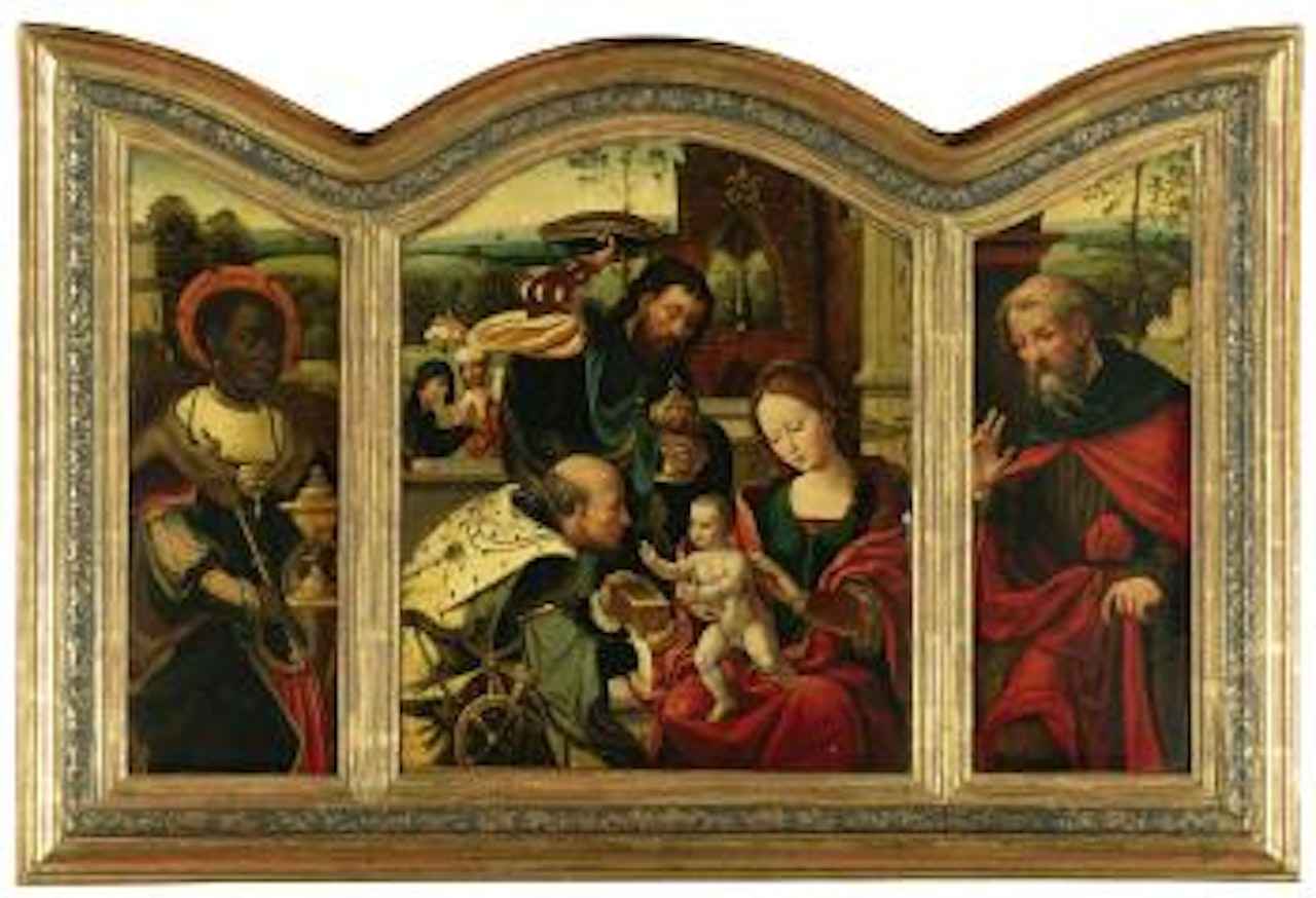 A Triptych With The Adoration Of The Magi: Central Panel: The Adoration; Left Wing: The Magus Balthazar; Right Wing: Saint Joseph by Attributed to Pieter Coecke van Aelst I