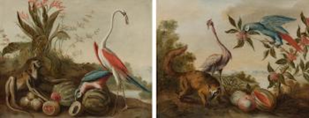 Landscape With a Monkey, Parrot And Flamingo; Landscape With a Parrot, Flamingo And Coati by Flemish School