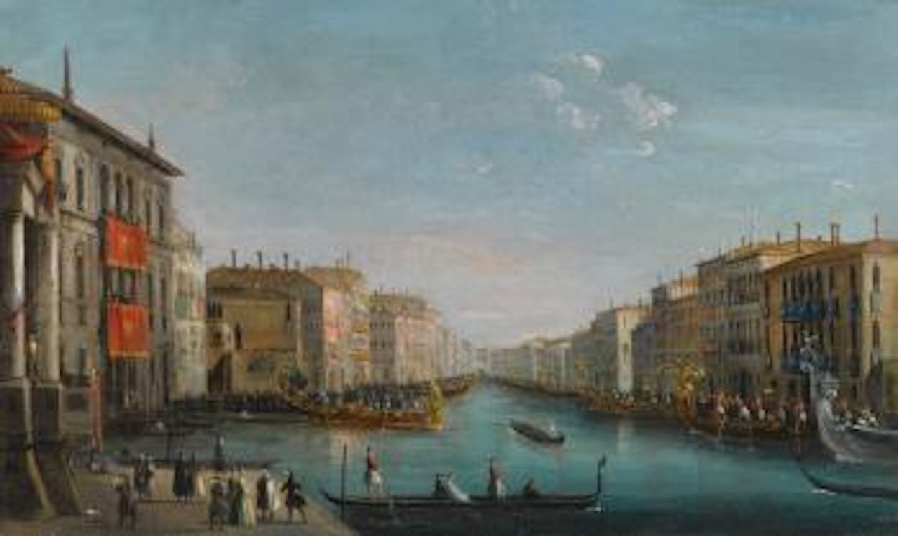 Venice, a View Of The Grand Canal From The Palazzo Balbi Looking Toward The Rialto Bridge With a Regata by Giuseppe Bernardino Bison