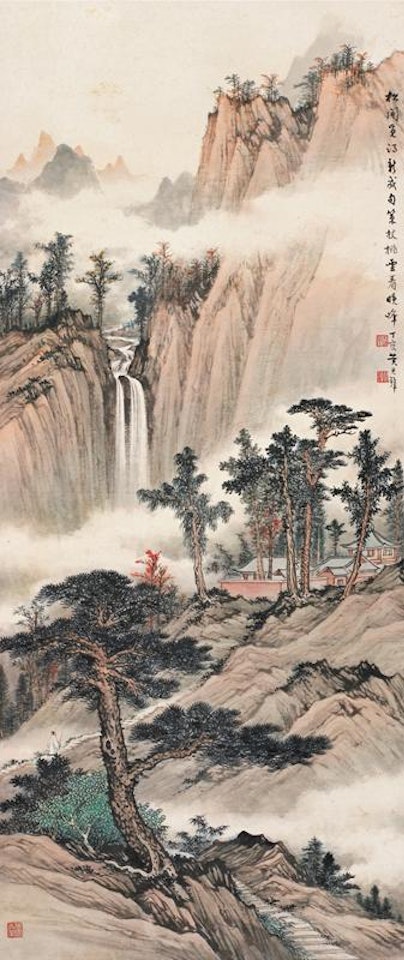 Pine trees and waterfalls in the mountains by Huang Junbi