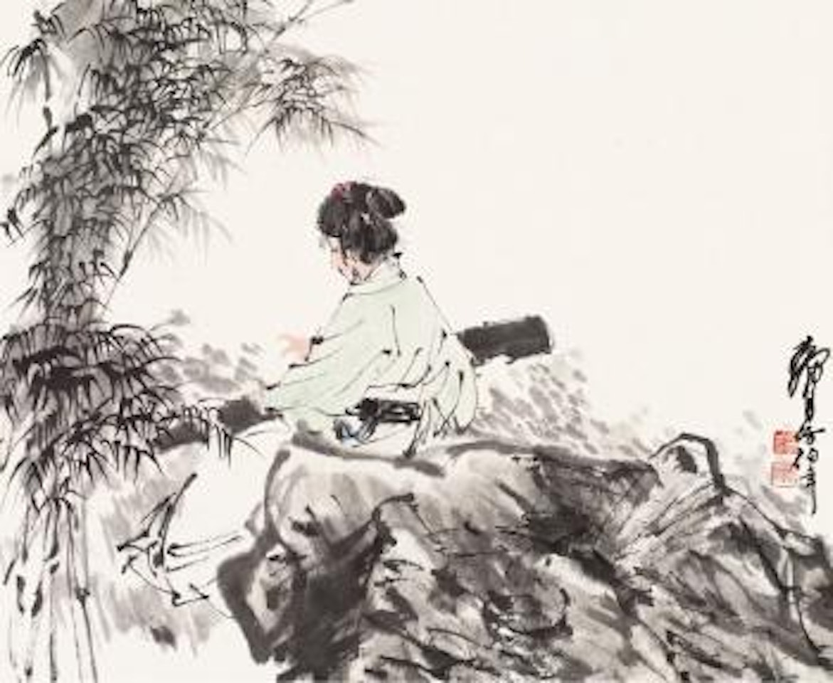 A lady playing zither by Huang Zhou