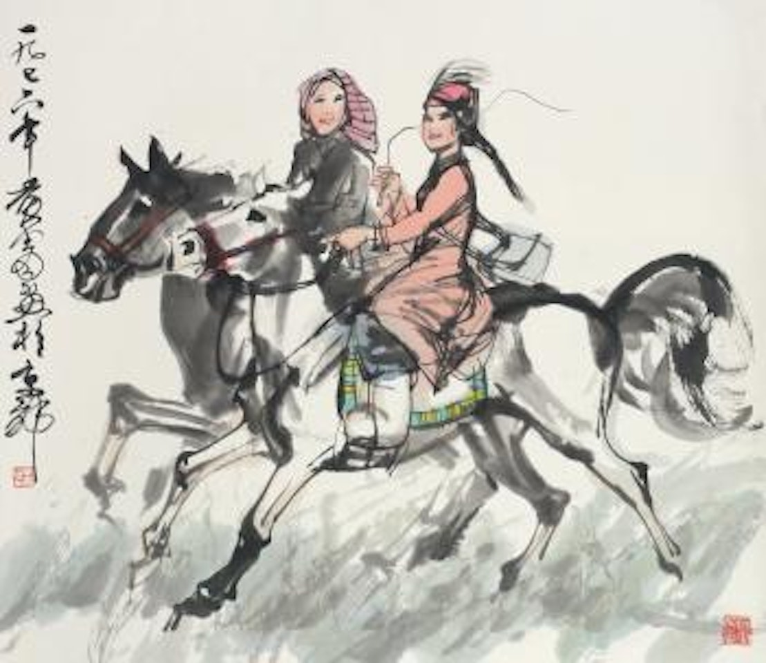 Happy Sisters On Horse by Huang Zhou