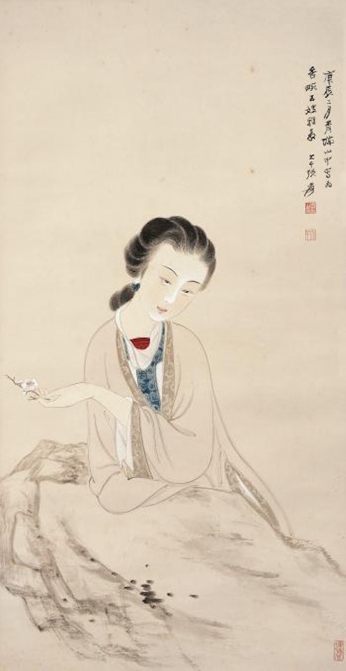 Beauty With Flower by Zhang Daqian