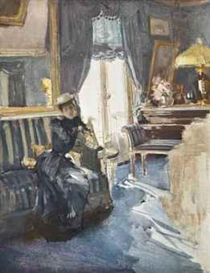 An elegant lady in a sunlit interior by Paul César Helleu