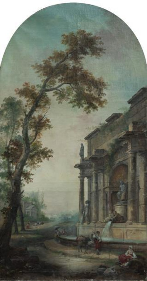 Famille et lavandières au pied d’une fontaine by French School by Hubert Robert