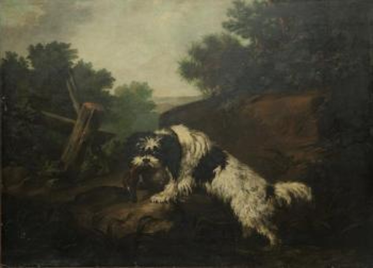 Chien barbet avec un canard by Jean-Baptiste Oudry