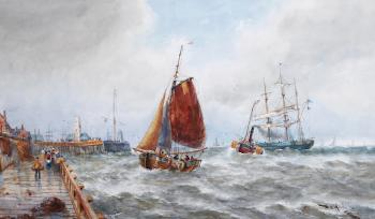 Fishing boat and other vessels by a harbour by Thomas Bush Hardy