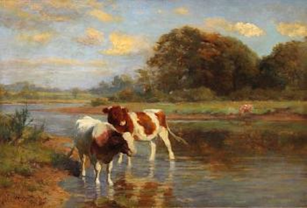 Pastoral landscape with stream and Guernsey cows by John Arnesby Brown