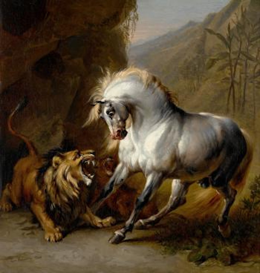 A horse attacked by a lion by Eugène Joseph Verboeckhoven