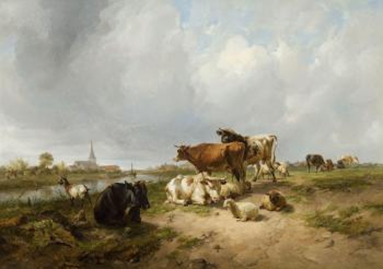 Cattle and sheep in a meadow near Sevington Church, Canterbury by Thomas Sidney Cooper