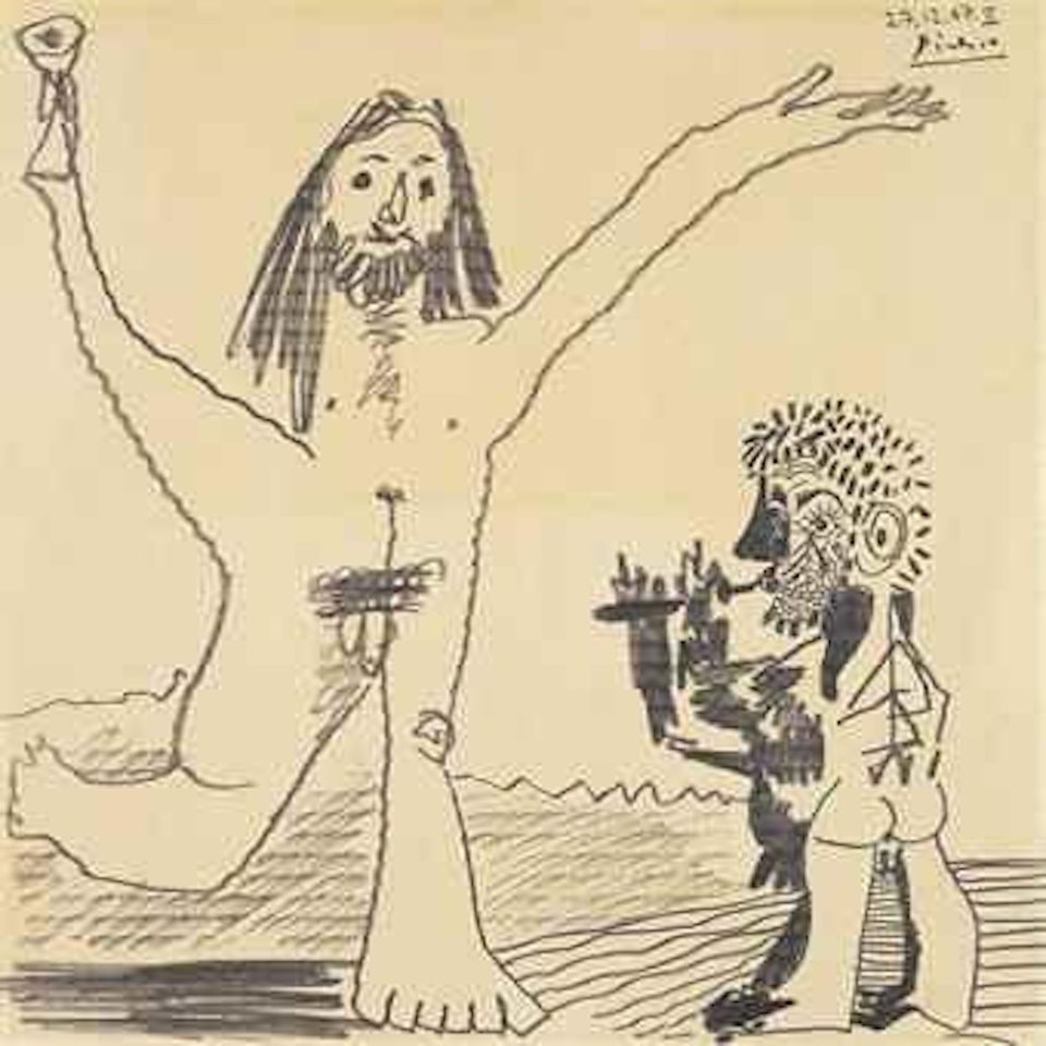 Deux personnages masculins dénudés paraissant glorifier la vie, le vin et la musique by Pablo Picasso