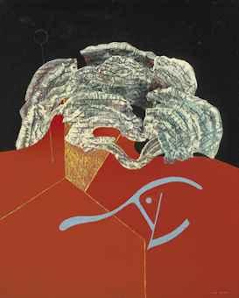 Fleur coquille et tête d'animal sur fond rouge et noir by Max Ernst