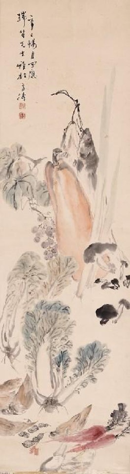 Stillleben mit Fischen, Trauben, Kürbis, Pilzen, Muscheln, Bambusschösslingen, Erdnüssen und Ruben by Wang Xuetao