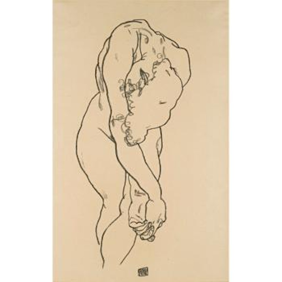 Kauernder Akt Mit Herabgebeugtem Kopf Und Überkreutzten Händen (Bending Woman With Head Bowed And Crossed Hands) by Egon Schiele