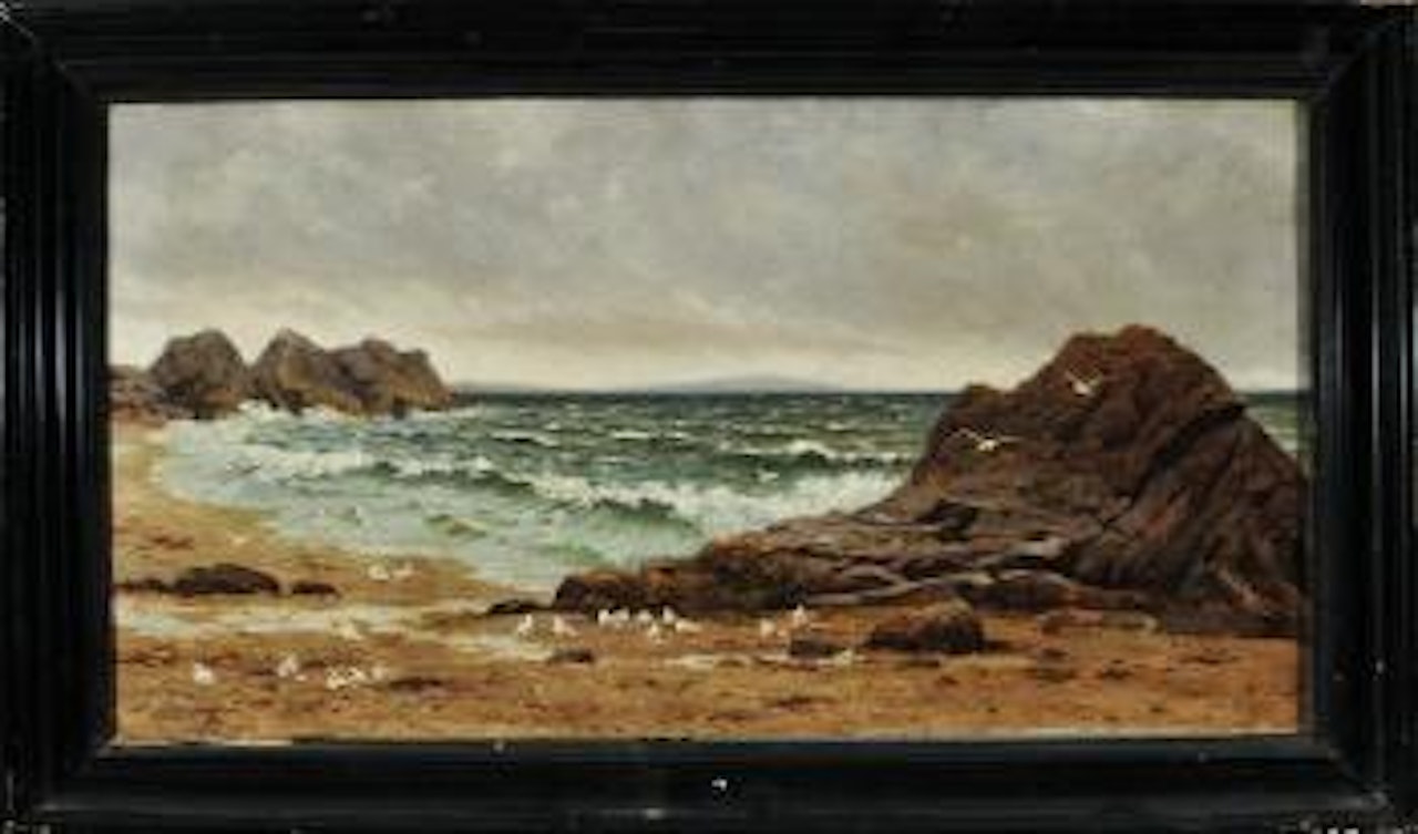 Küstenlandschaft mit Felsen und Möwen bei aufkommendem Unwetter by Joseph Henry Sharp