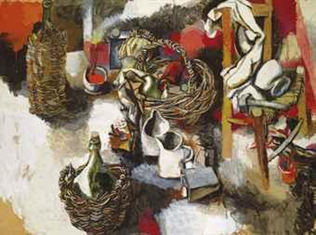 Interno con accessori di studio (damigiana, cesto e sedia) by Renato Guttuso
