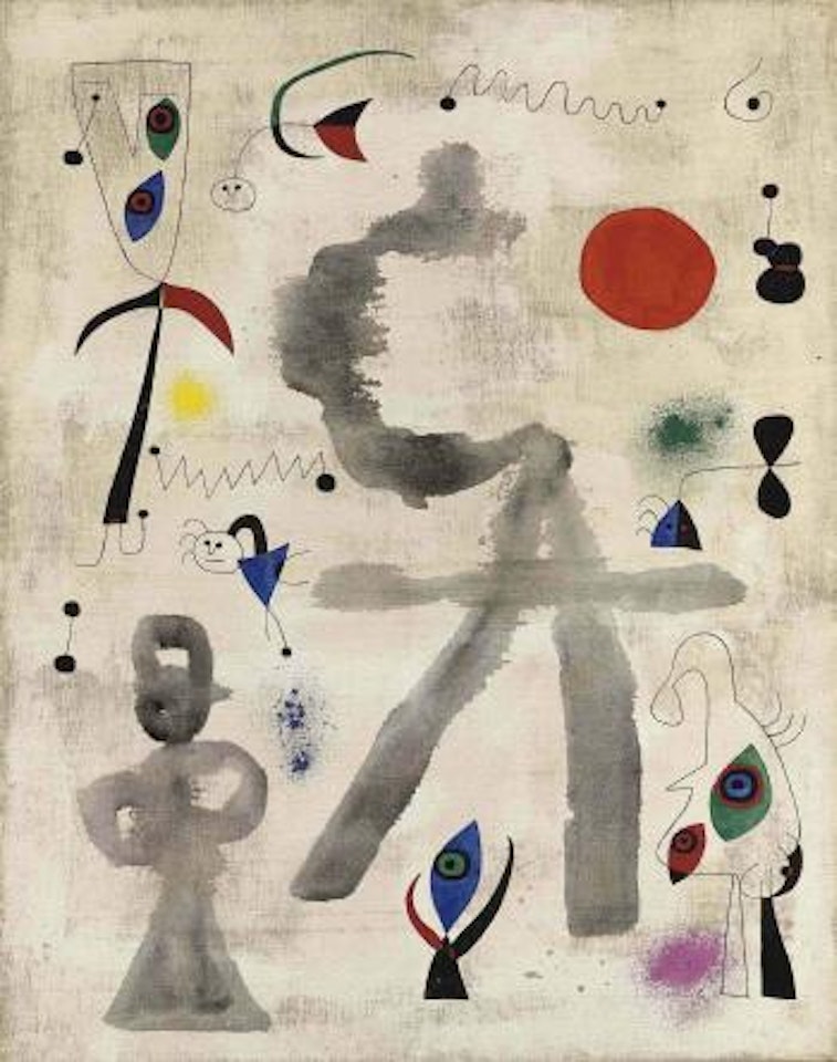 Personnages et oiseaux devant le soleil by Joan Miró
