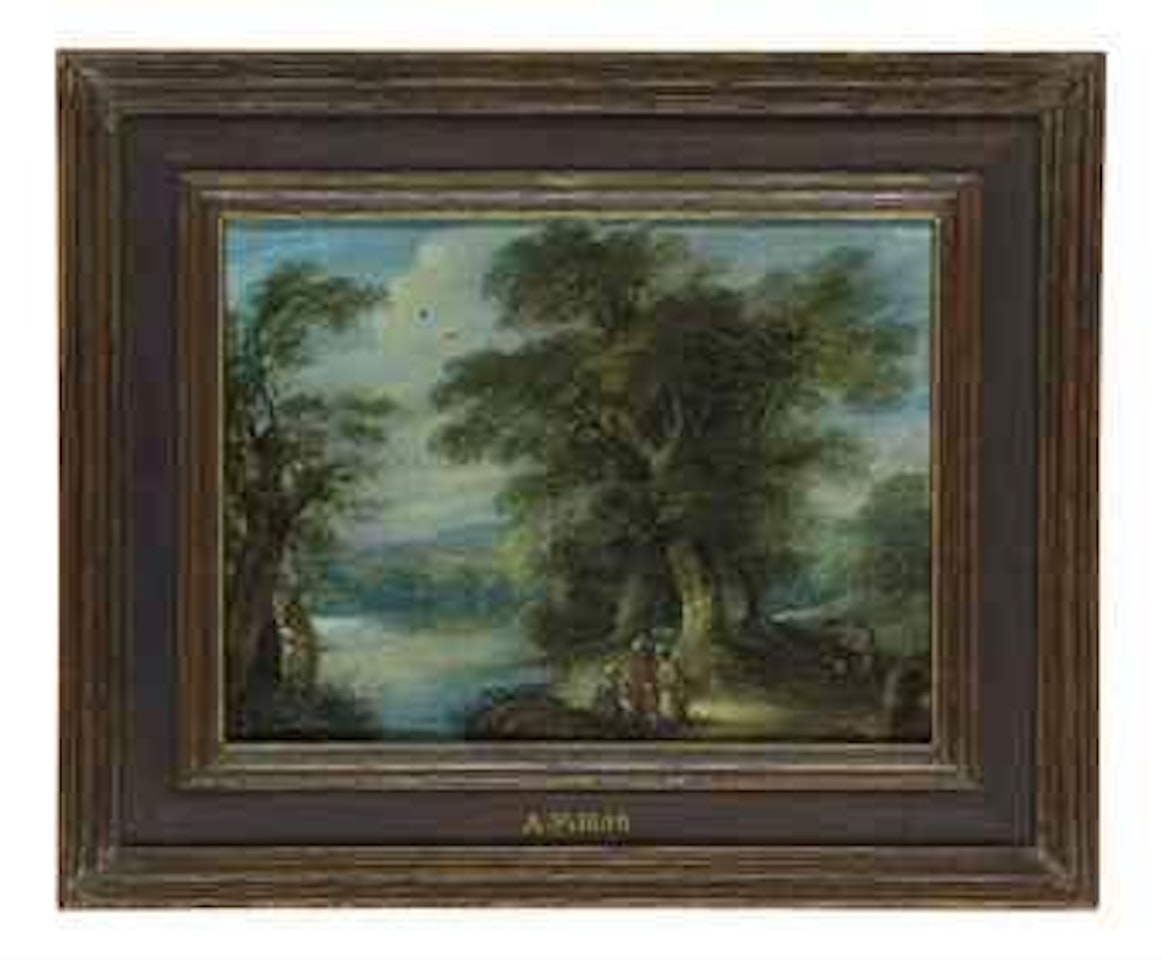 wooded river landscape with figures by Anton Mirou
