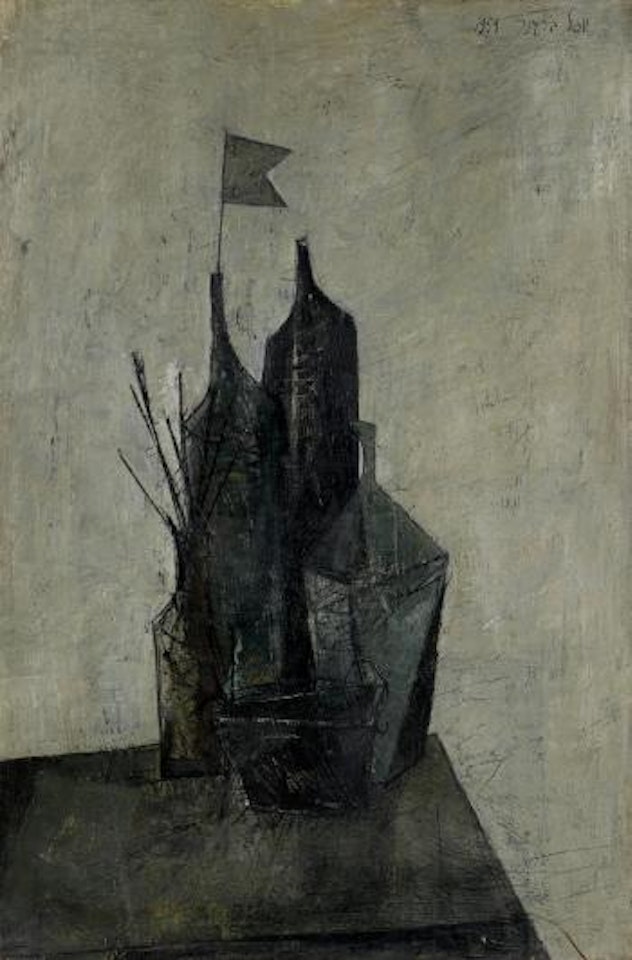 Still life of bottles with flags by Yosl Bergner
