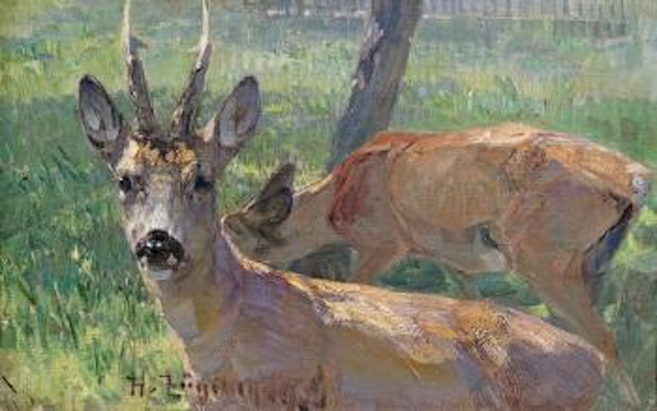 Rehbock mit äsendem Reh by Heinrich von Zugel