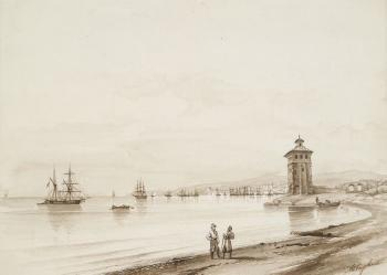 Blick in eine Meeresbucht mit zahlreichen Segelschiffen by Ivan Konstantinovich Aivazovsky