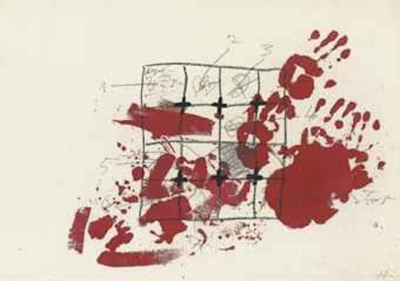 Quadriculado y lápiz sobre rojos (Gridpattern and Pencil on Reds) by Antoni Tapies