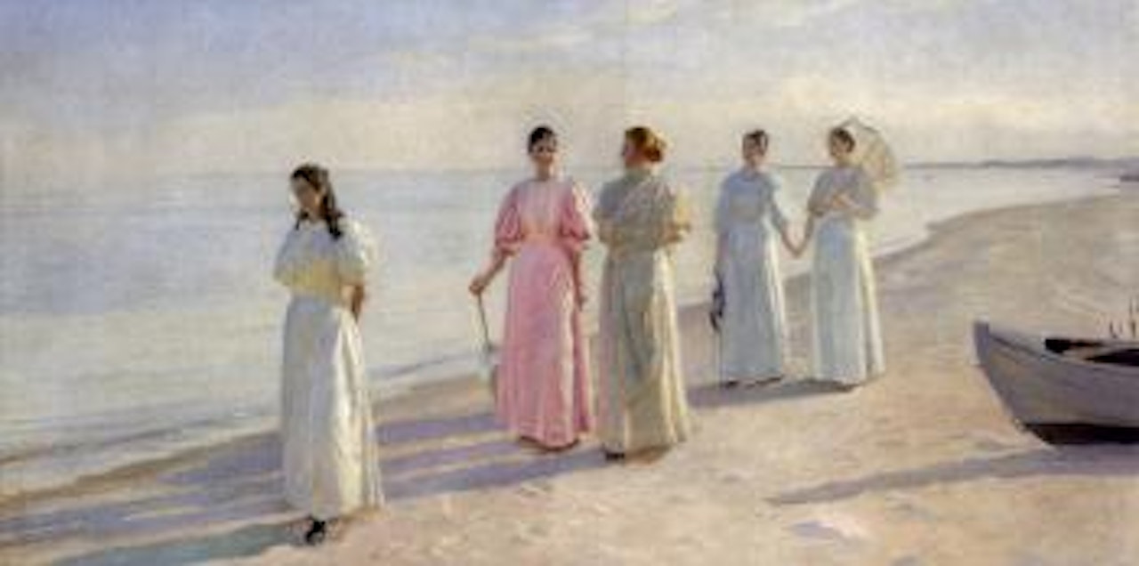 Minne and Sophie Holst in light summer dresses on the beach by Michael Ancher