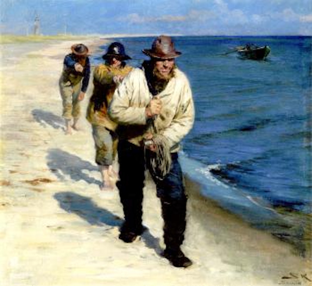 Tre på Skagens Sønderstrand bagefter hverandre gaaende Fiskere trække langs Bredden en Baad lidt ude i Vandet imod Strømmen by Peder Severin Kröyer