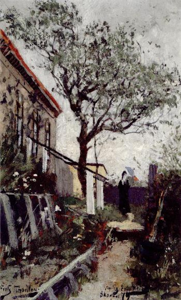 Woman with a parasol on a path in the garden by merchant Holst's homestead, Skagen by Fritz Thaulow