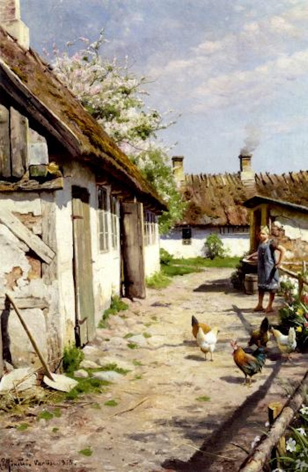 Spring day with a little girl feeding the chickens by Peder Mork Monsted