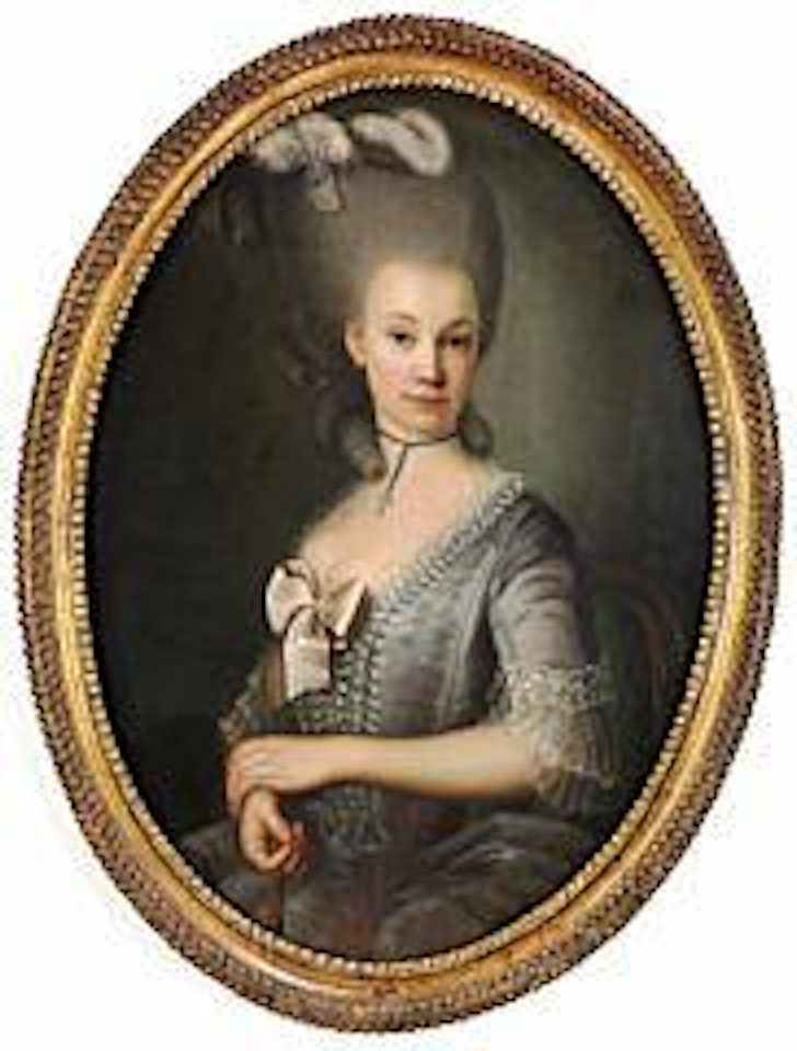 Portrait of an elegant young woman in a grey taffeta dress with lace and a bow by German School