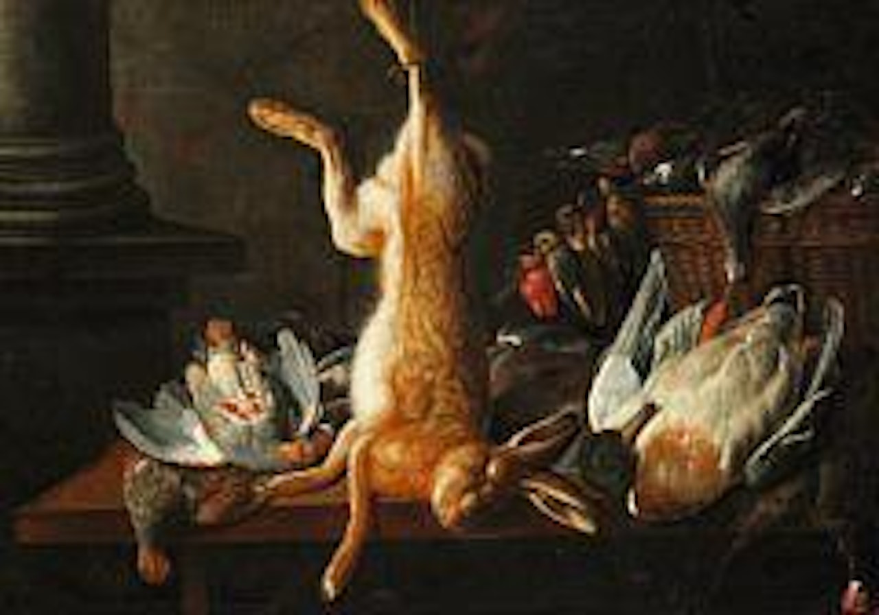 Still life with hare, duck, dove and birds by Adriaen van Utrecht