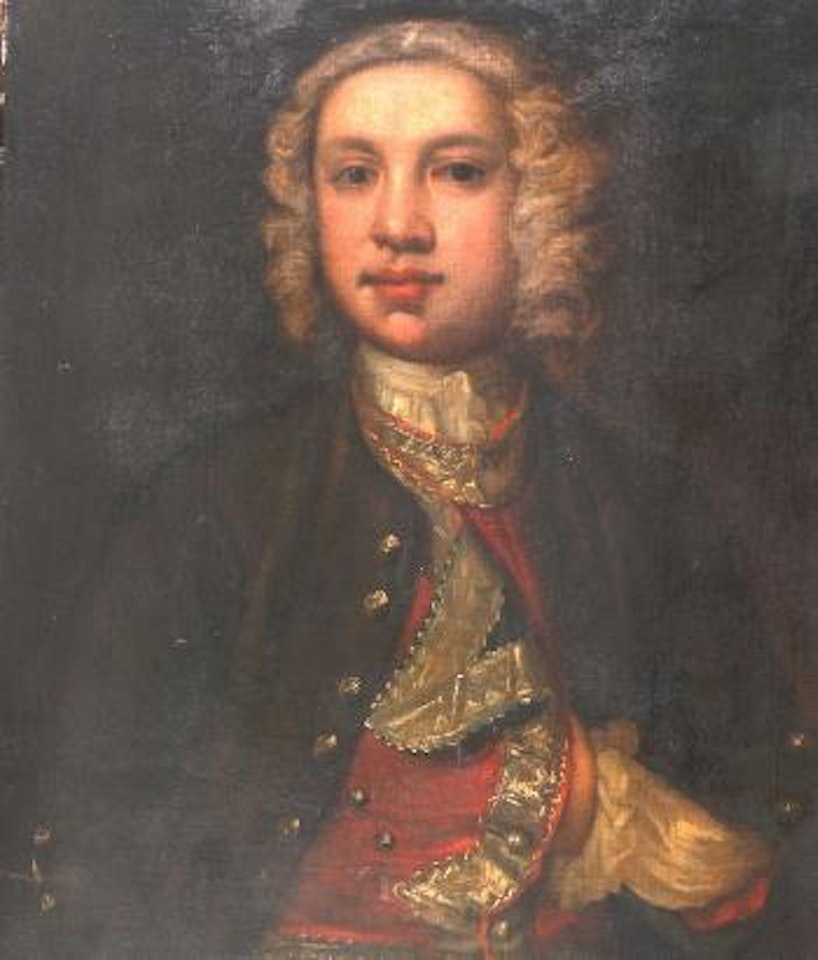 Portrait, head and shoulders of a young man in a crimson coat and lace by Thomas Hudson