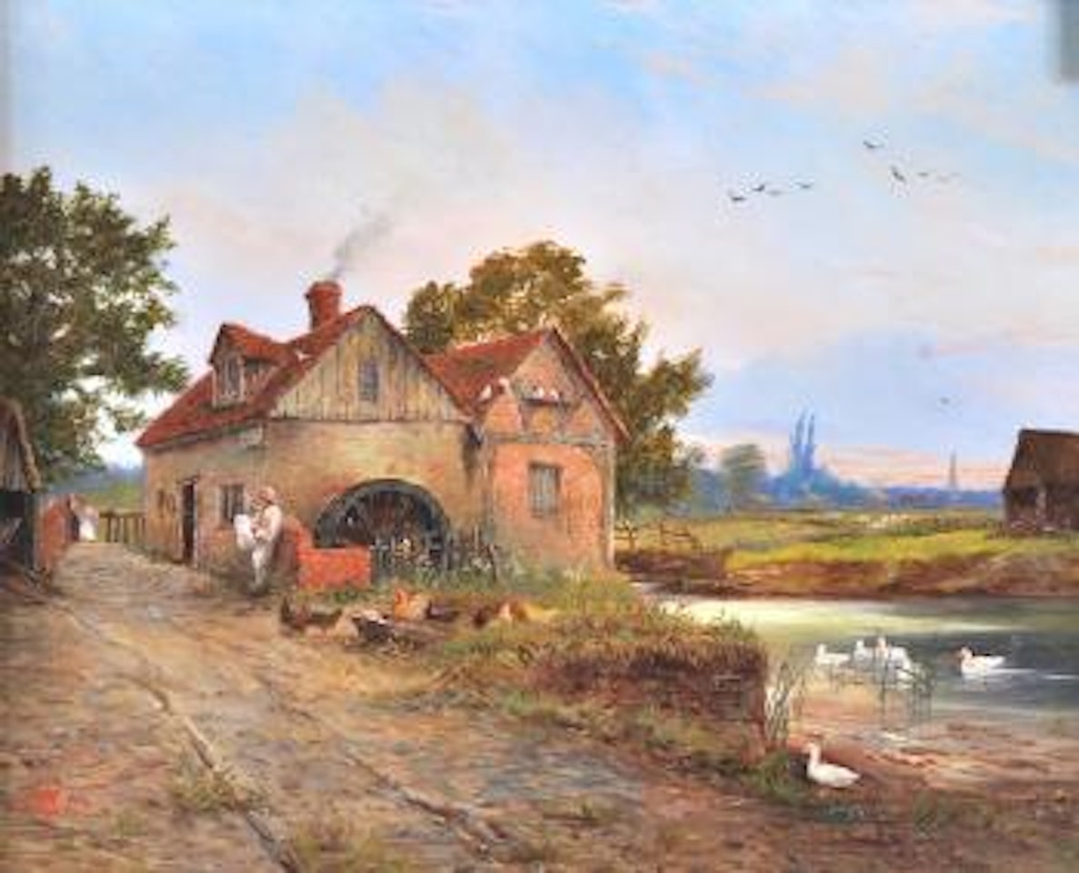 A man standing beside a watermill by Edward William Cooke