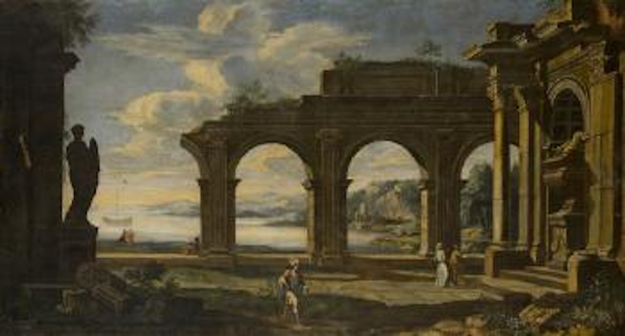 Paesaggio costiero con capriccio architettonico di rovine classiche by Neapolitan School
