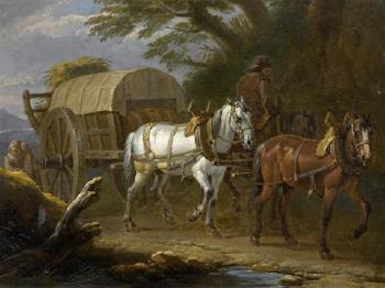 Pferdefuhrwerk mit Bauersleut auf einem Waldweg by Pieter van Bloemen