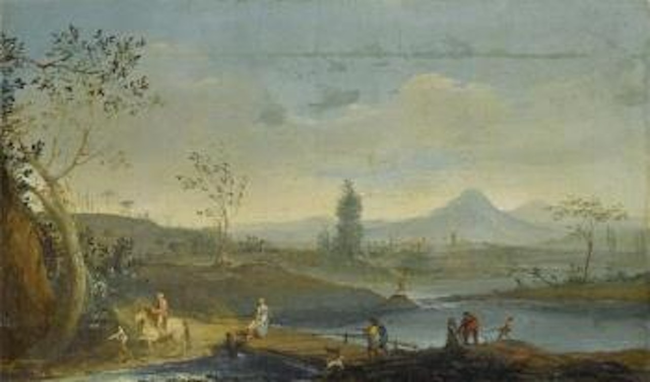 Weite Flusslandschaft mit Reisenden und Stadt by Giuseppe Bernardino Bison