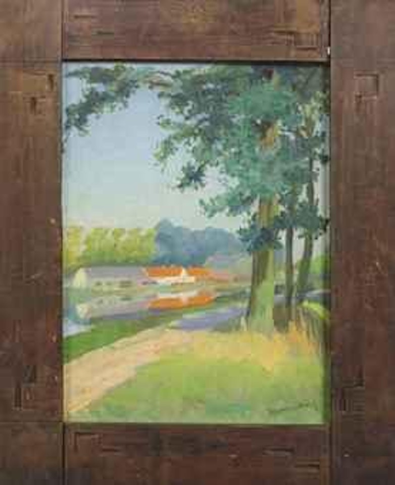 Landscape with houses near a canal by Dirk Smoorenberg