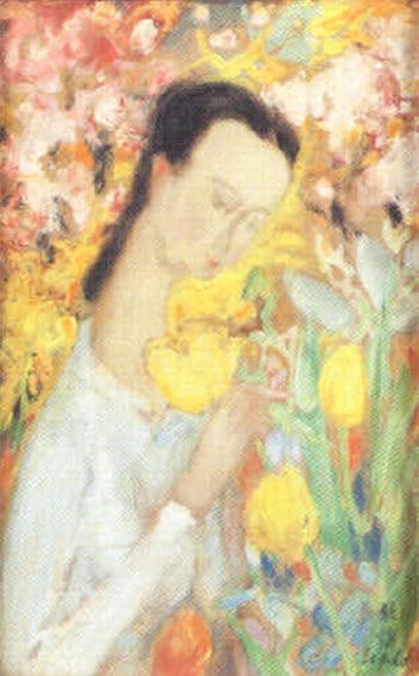 Jeune femme cueillant des fleurs dans un jardin by Le Pho
